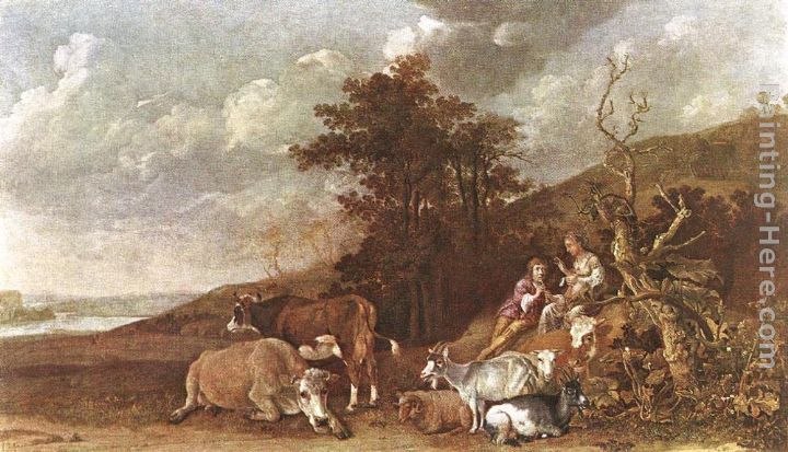 Paulus Potter Landscape with Shepherdess and Shepherd Playing Flute